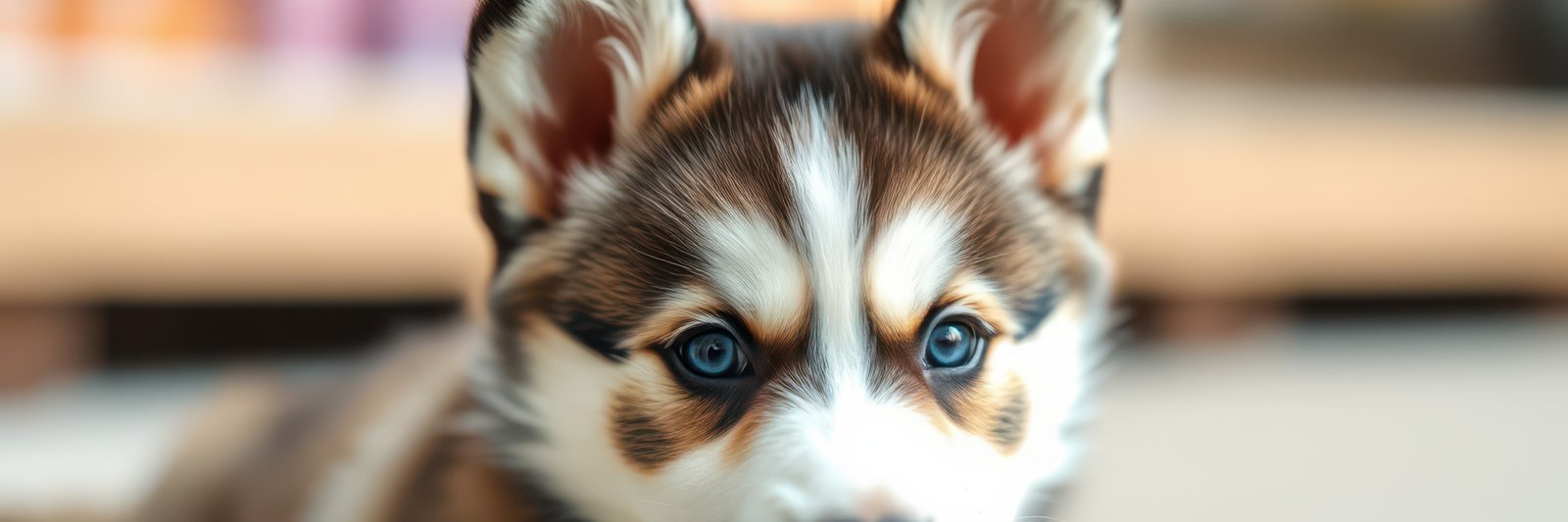 Cute husky puppy explores a cozy indoor space filled with vibrant decorations and soft lighting